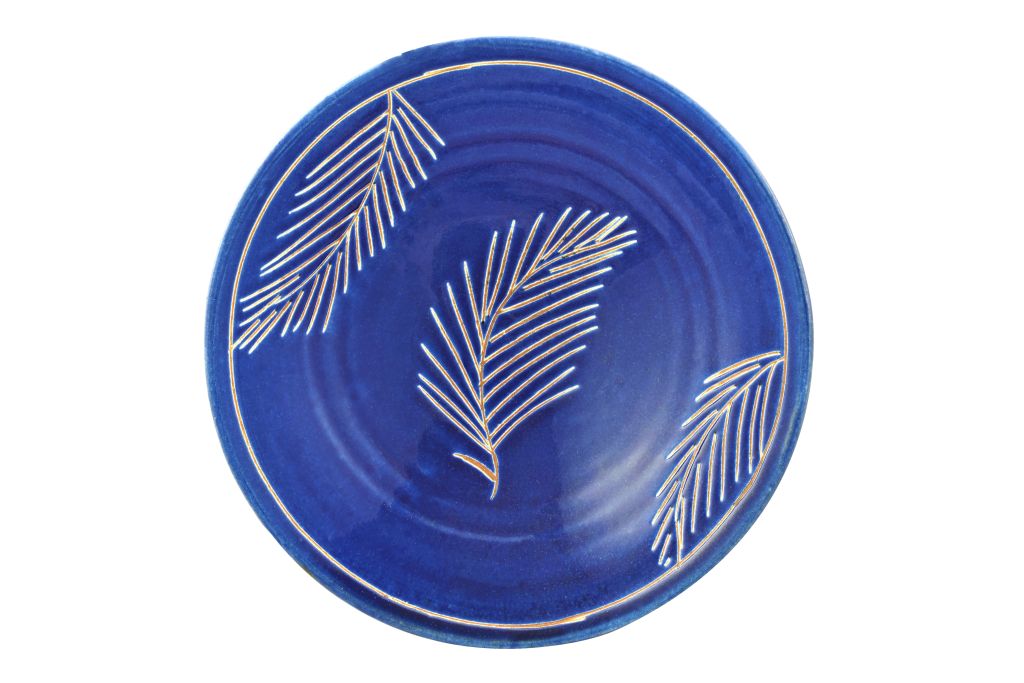 132600361020 Handmade Pottery (Earthenware) Deep Dish 8" - Blue Leafe - Tunis Village