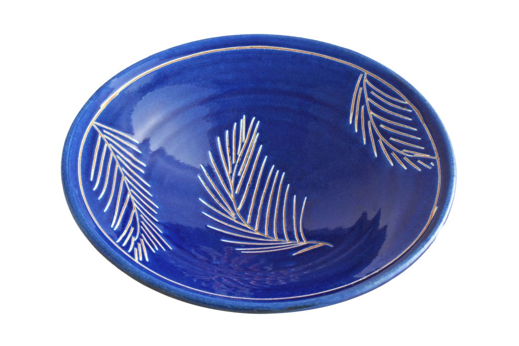 132600361020 Handmade Pottery (Earthenware) Deep Dish 8" - Blue Leafe - Tunis Village