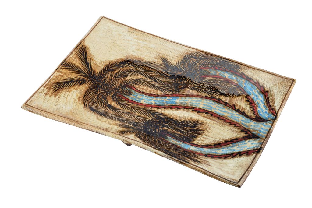 132600591016 Handmade Pottery (Earthenware) Rectangle Plate - Palm Trees - Tunis Village - 001