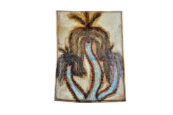 132600591016 Handmade Pottery (Earthenware) Rectangle Plate - Palm Trees - Tunis Village - 001