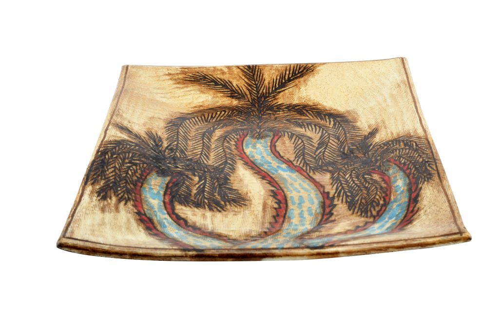 132600591016 Handmade Pottery (Earthenware) Rectangle Plate - Palm Trees - Tunis Village - 001