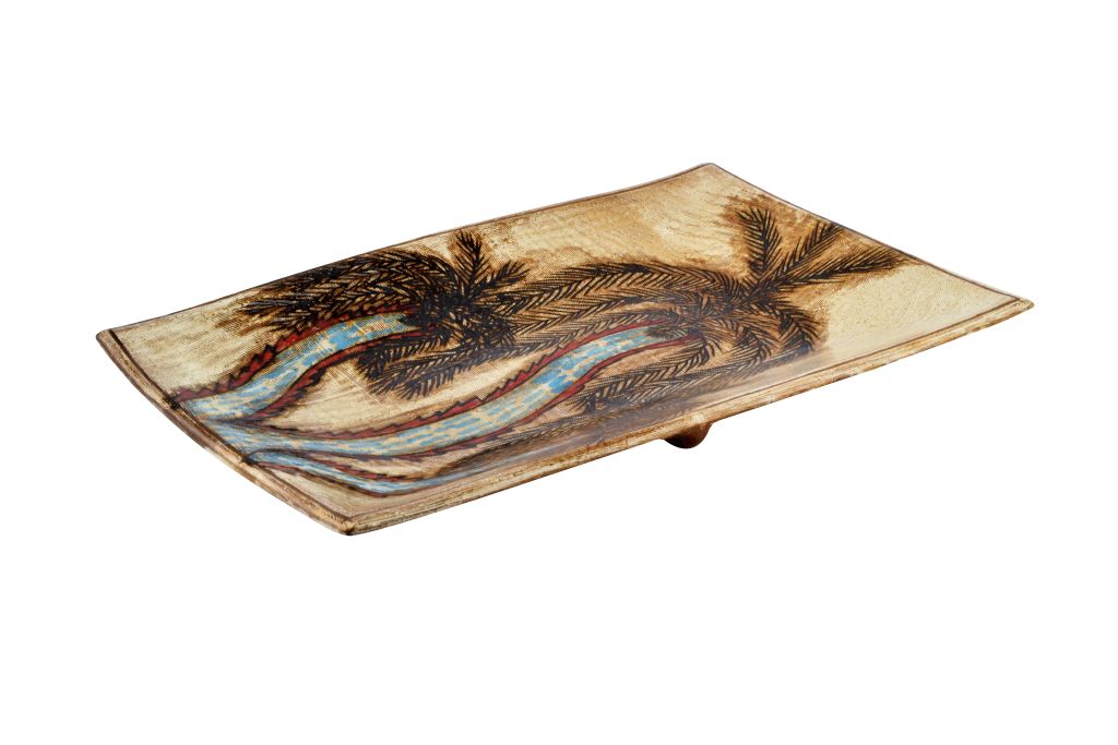 132600591016 Handmade Pottery (Earthenware) Rectangle Plate - Palm Trees - Tunis Village - 001