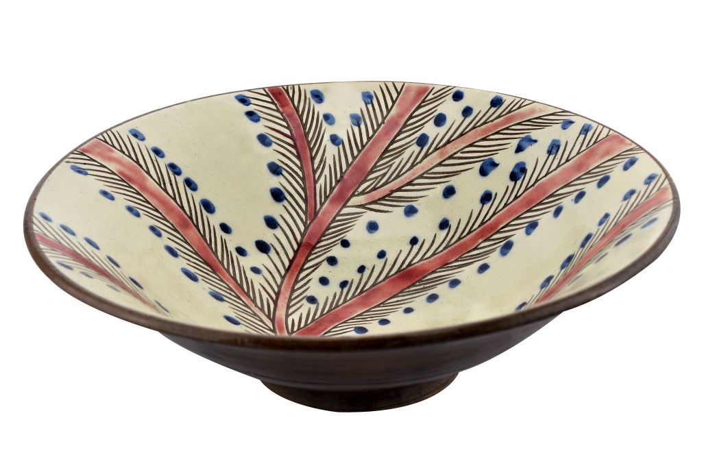 133501741043 Handmade Pottery (Earthenware) Deep Dish 13" - Palm Leaves - Tunis Village