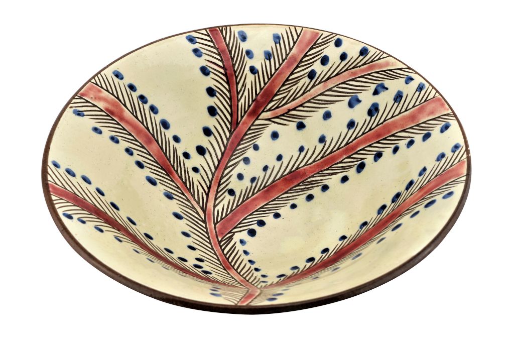 133501741043 Handmade Pottery (Earthenware) Deep Dish 13" - Palm Leaves - Tunis Village