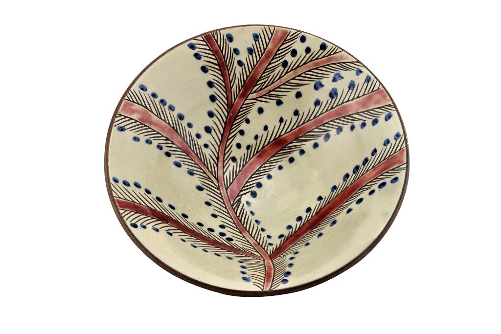 133501741043 Handmade Pottery (Earthenware) Deep Dish 13" - Palm Leaves - Tunis Village