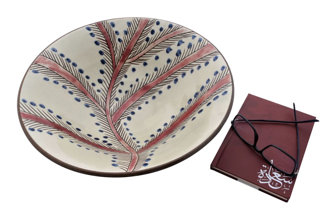 133501741043 Handmade Pottery (Earthenware) Deep Dish 13" - Palm Leaves - Tunis Village