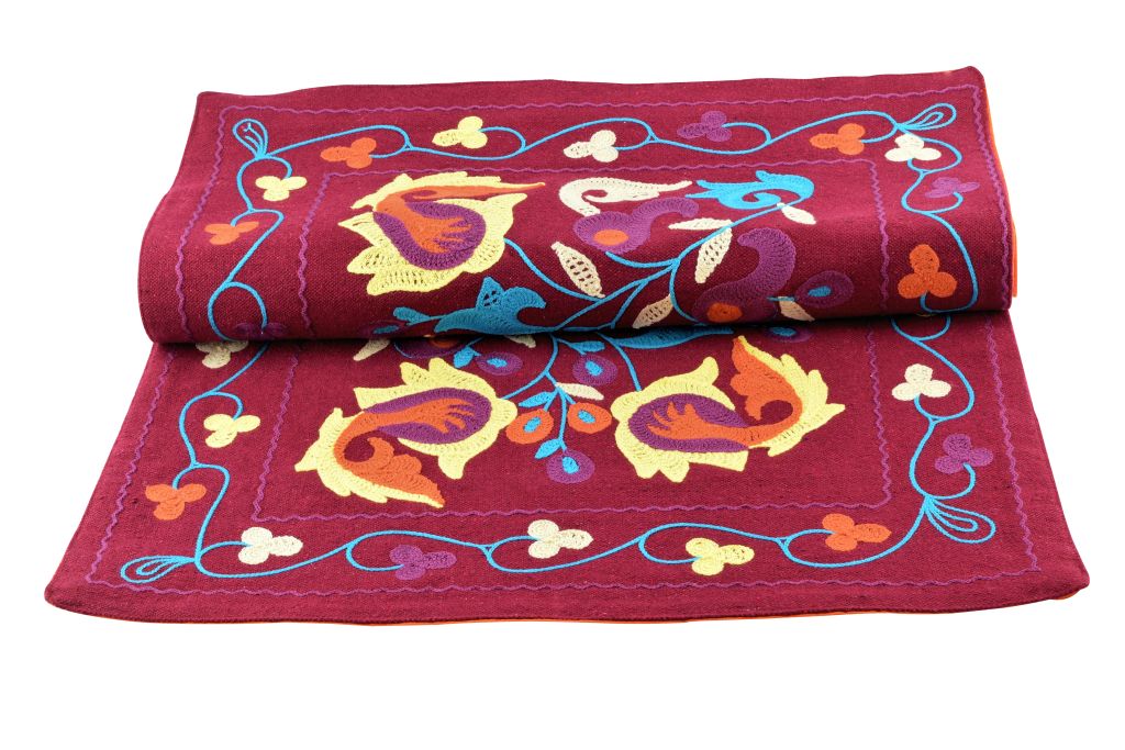 143902491038-01 Handmade Egyptian Cotton Table Runner - 60 * 18 Inch - Hand Embroidery - Burgundy