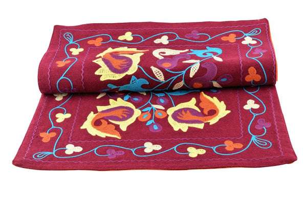 143902491038-01 Handmade Egyptian Cotton Table Runner - 60 * 18 Inch - Hand Embroidery - Burgundy