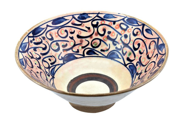 Handmade Pottery (Earthenware) Bowl - Metallic Finish - Blue Leaves - Tunis Village