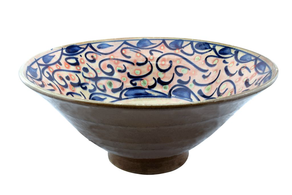 Handmade Pottery (Earthenware) Bowl - Metallic Finish - Blue Leaves - Tunis Village