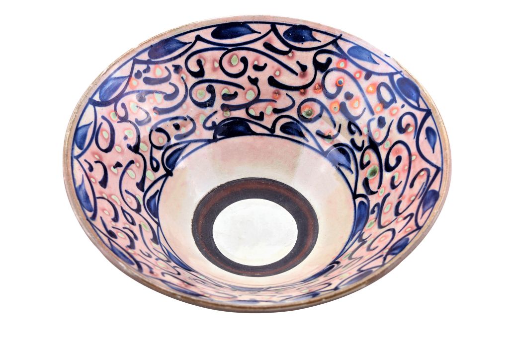 Handmade Pottery (Earthenware) Bowl - Metallic Finish - Blue Leaves - Tunis Village